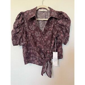 bishop + young Plum Floral Tie-Front Puff Sleeve Blouse